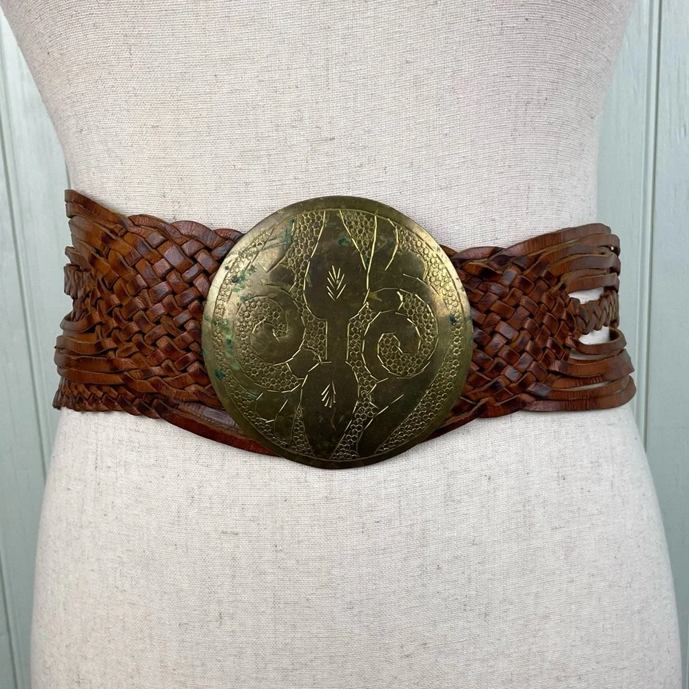 Vintage Braided Leather Hammered Medallion Belt Morocco Boho Bohemian Gypsy Y2K